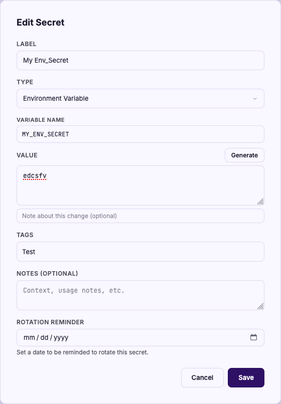 KeyRing secrets vault showing API key storage, secret generator, and export options