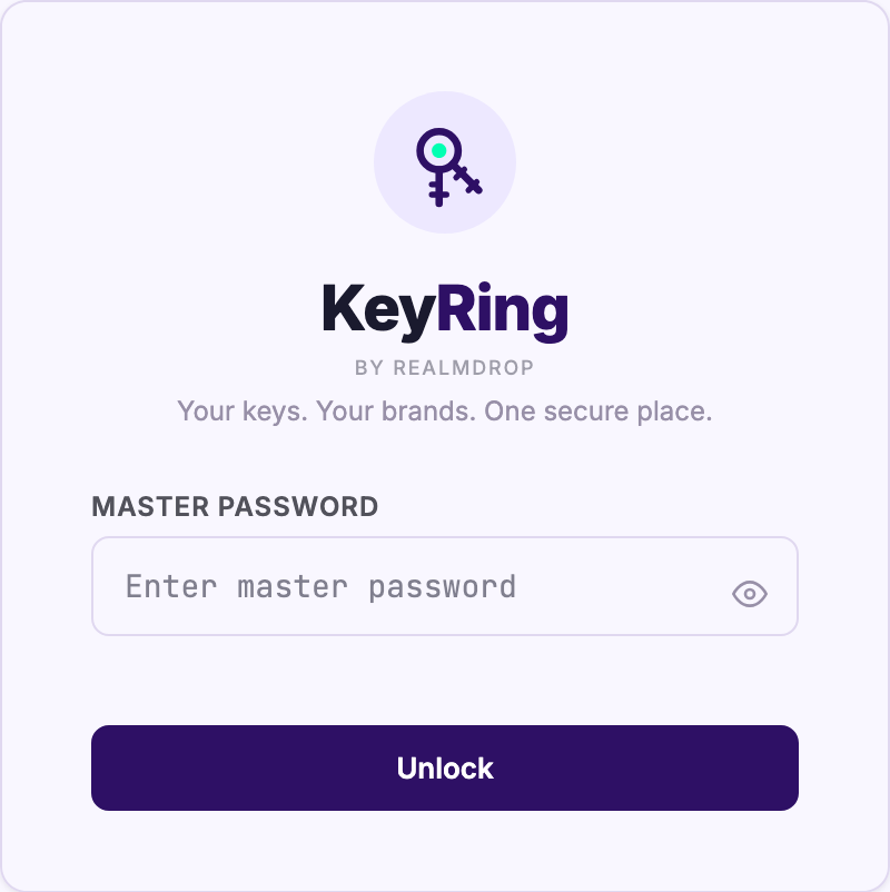 KeyRing lock screen with master password entry to unlock your vault