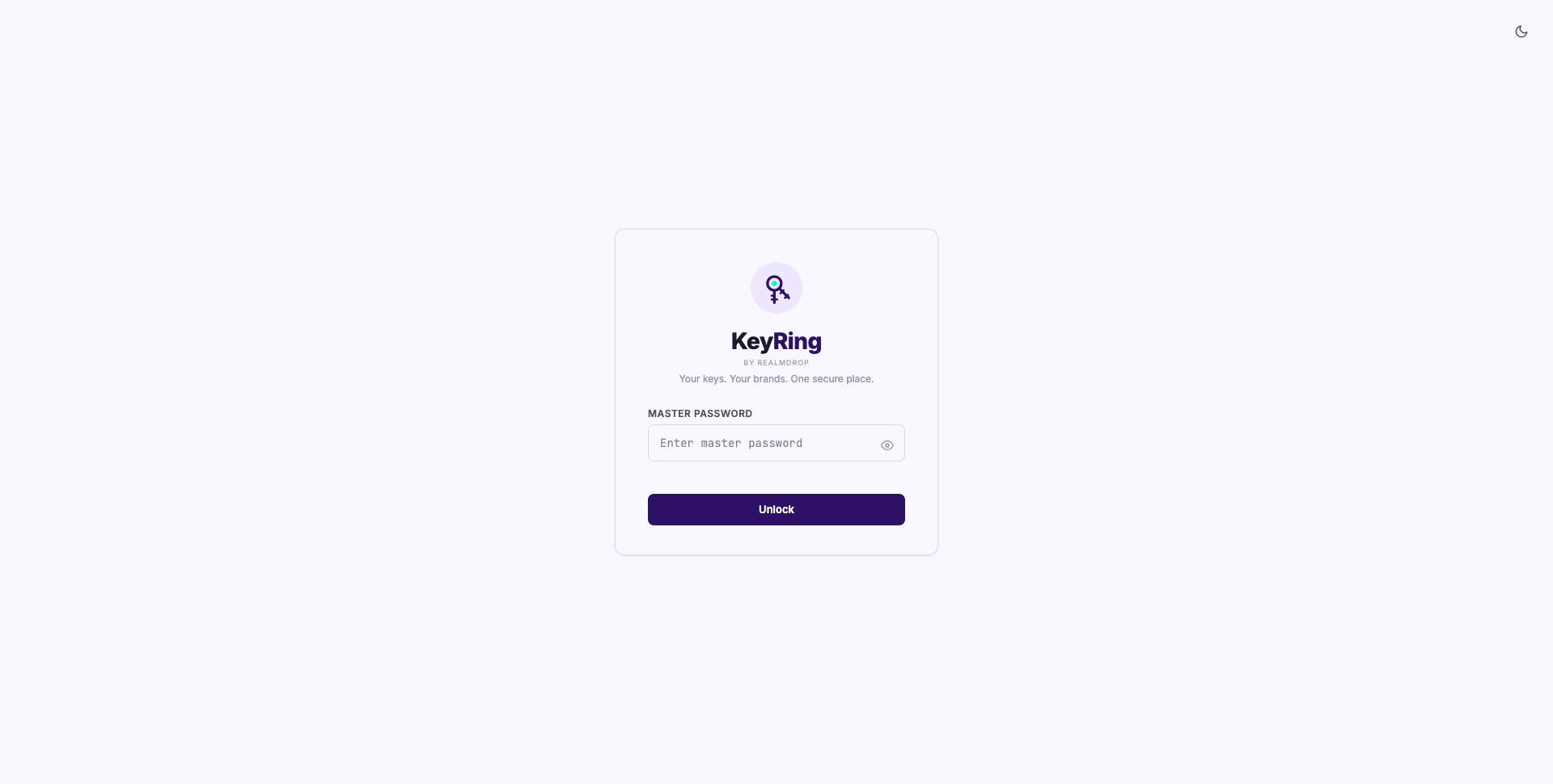 KeyRing login screen with master password entry