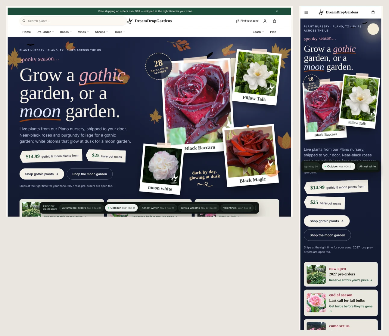 The October homepage on desktop and phone: “Grow a gothic garden, or a moon garden” over polaroid photos of Black Baccara, Pillow Talk, Black Magic and moon white blooms, with a 28-days-left countdown