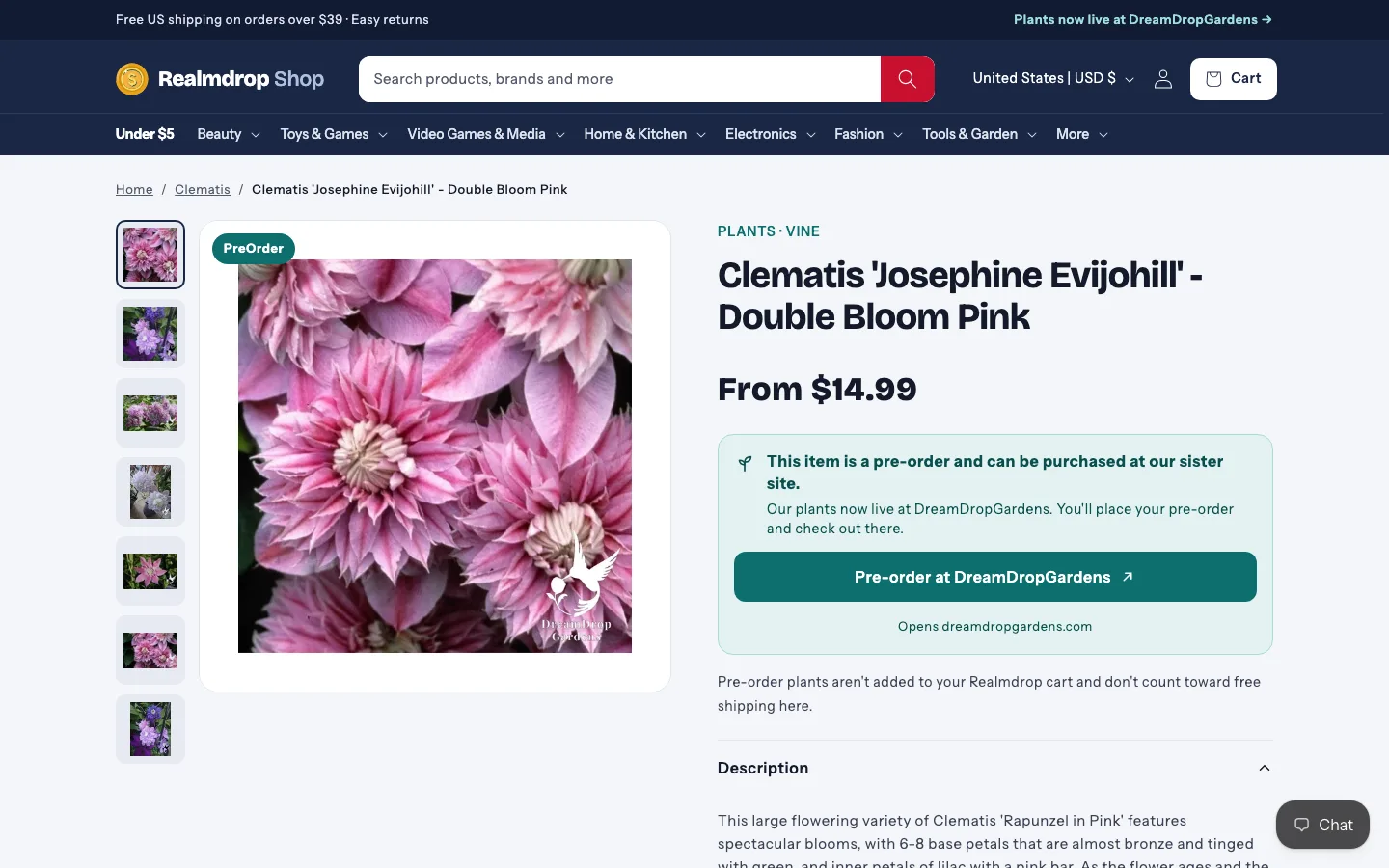 A pre-order plant page with a PreOrder badge and a “Pre-order at DreamDropGardens” button