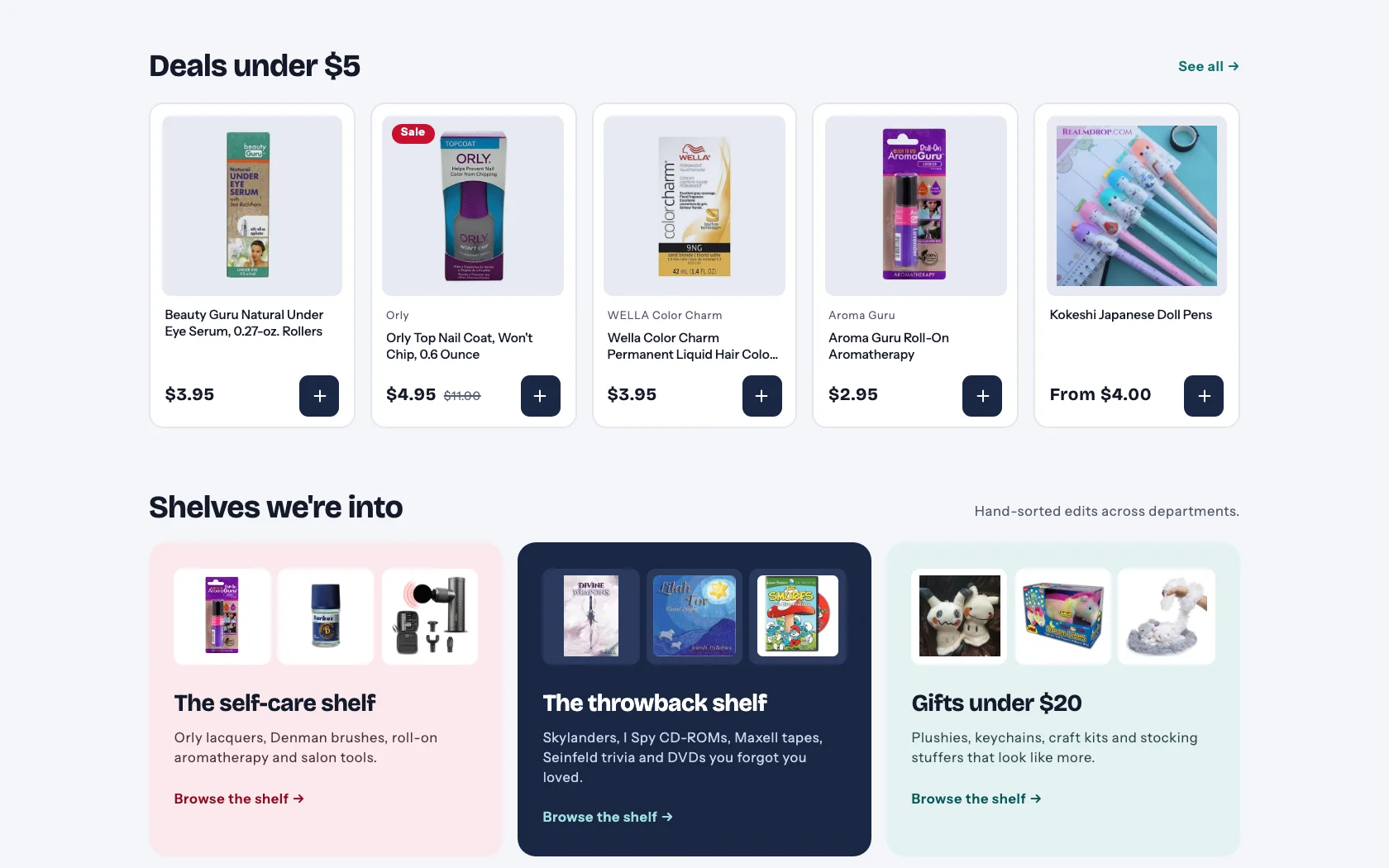 Further down the homepage: a row of deals under $5 and three hand-sorted shelves — self-care, throwbacks, and gifts under $20