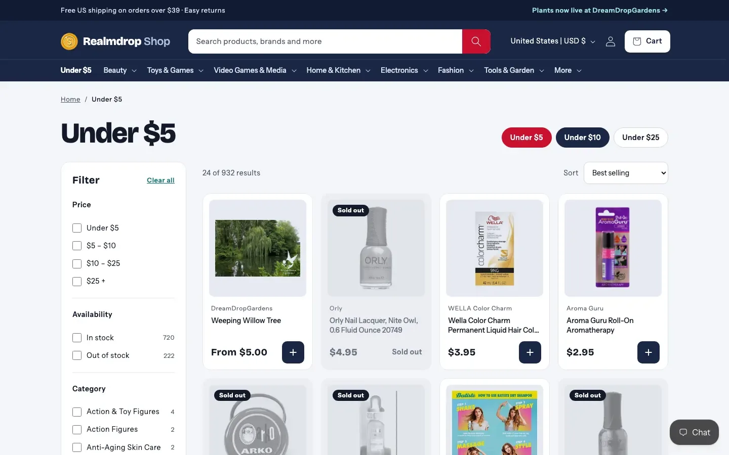 The Under $5 page, with sold-out products greyed out