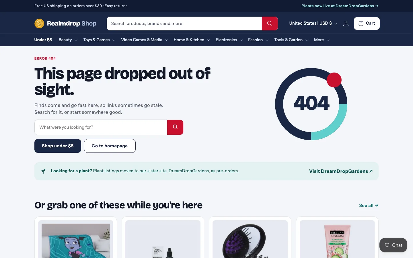 A friendly 404: “This page dropped out of sight”, a search box, and products to grab instead