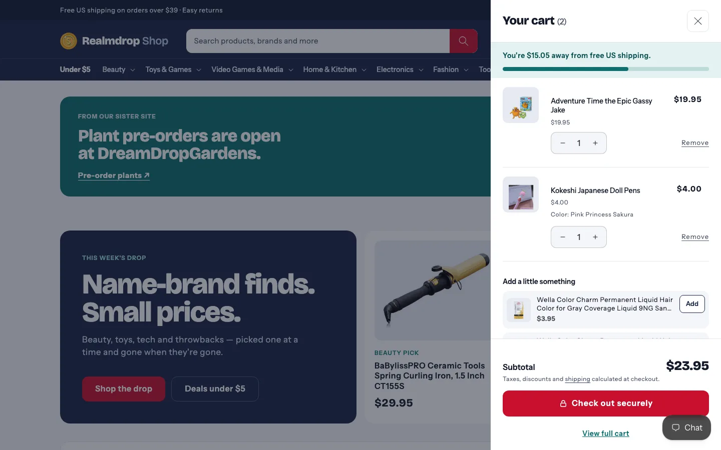 The cart drawer: “You're $15.05 away from free US shipping”, two items, and “Add a little something” suggestions