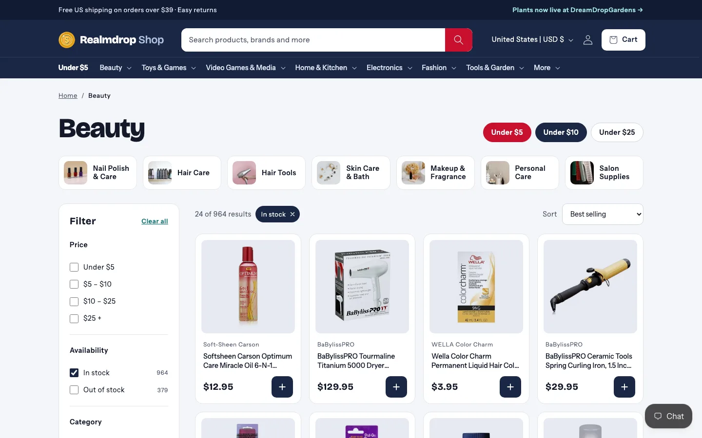The Beauty collection: sub-category chips, a filter panel and product cards