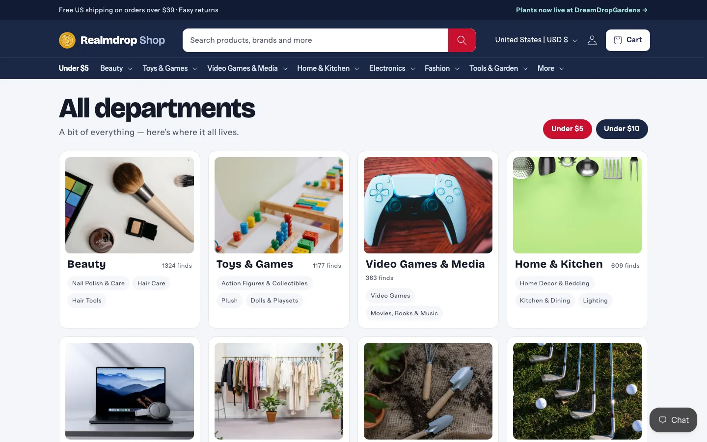 All departments: large photo tiles with product counts and sub-category links