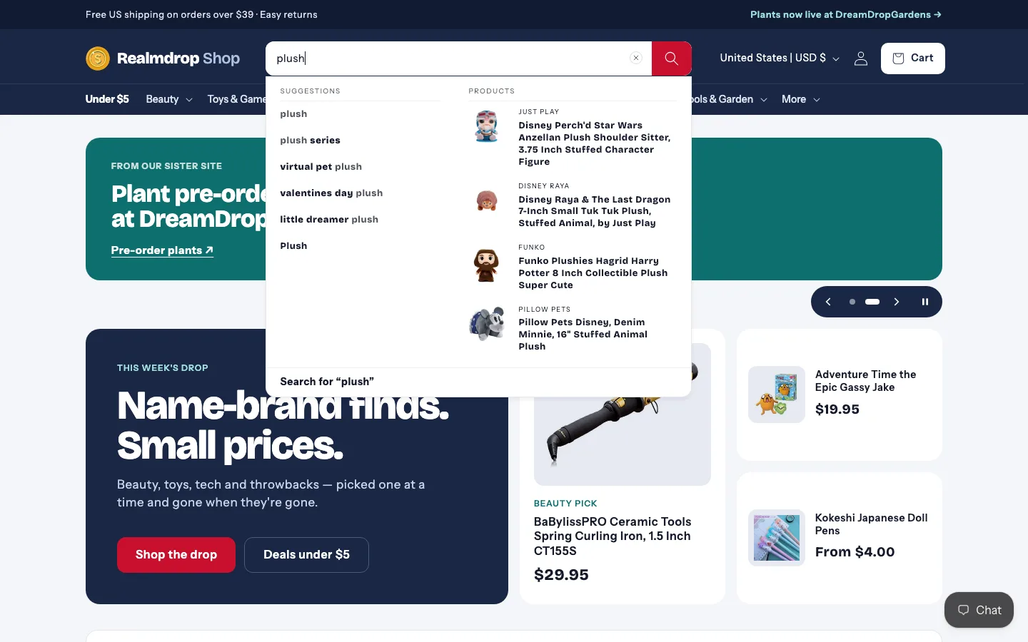 Search suggestions for “plush”: suggested terms on the left, matching products on the right
