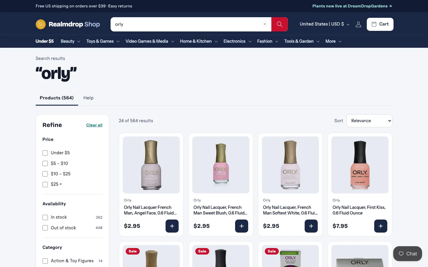 Search results for “orly” with price and stock filters