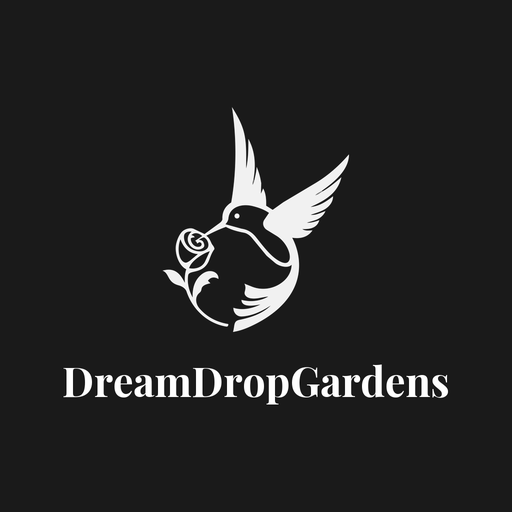 The DreamDrop Gardens logo: a white hummingbird-and-rose emblem above the DreamDropGardens wordmark