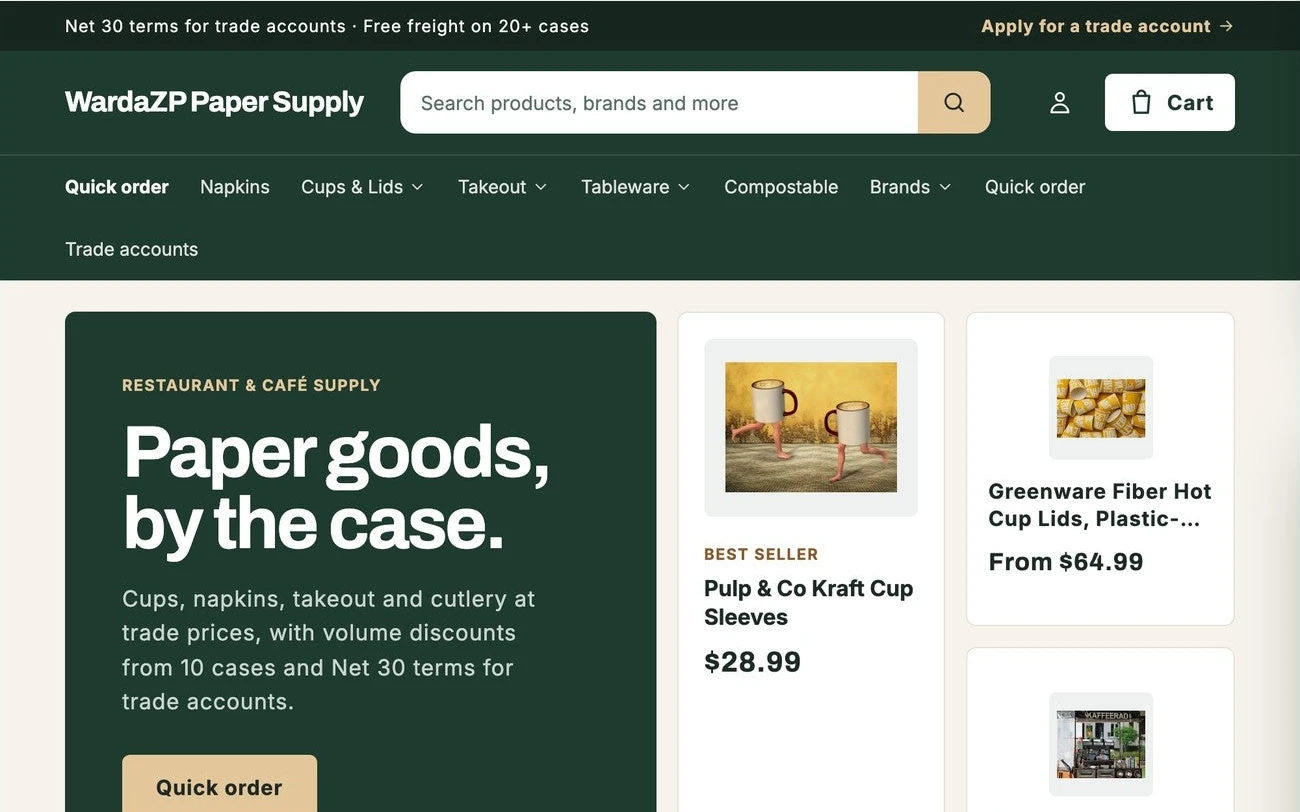 Beacon Wholesale's demo store, WardaZP Paper Supply: a deep green header with search and a quick order link, and a hero for paper goods by the case beside product cards