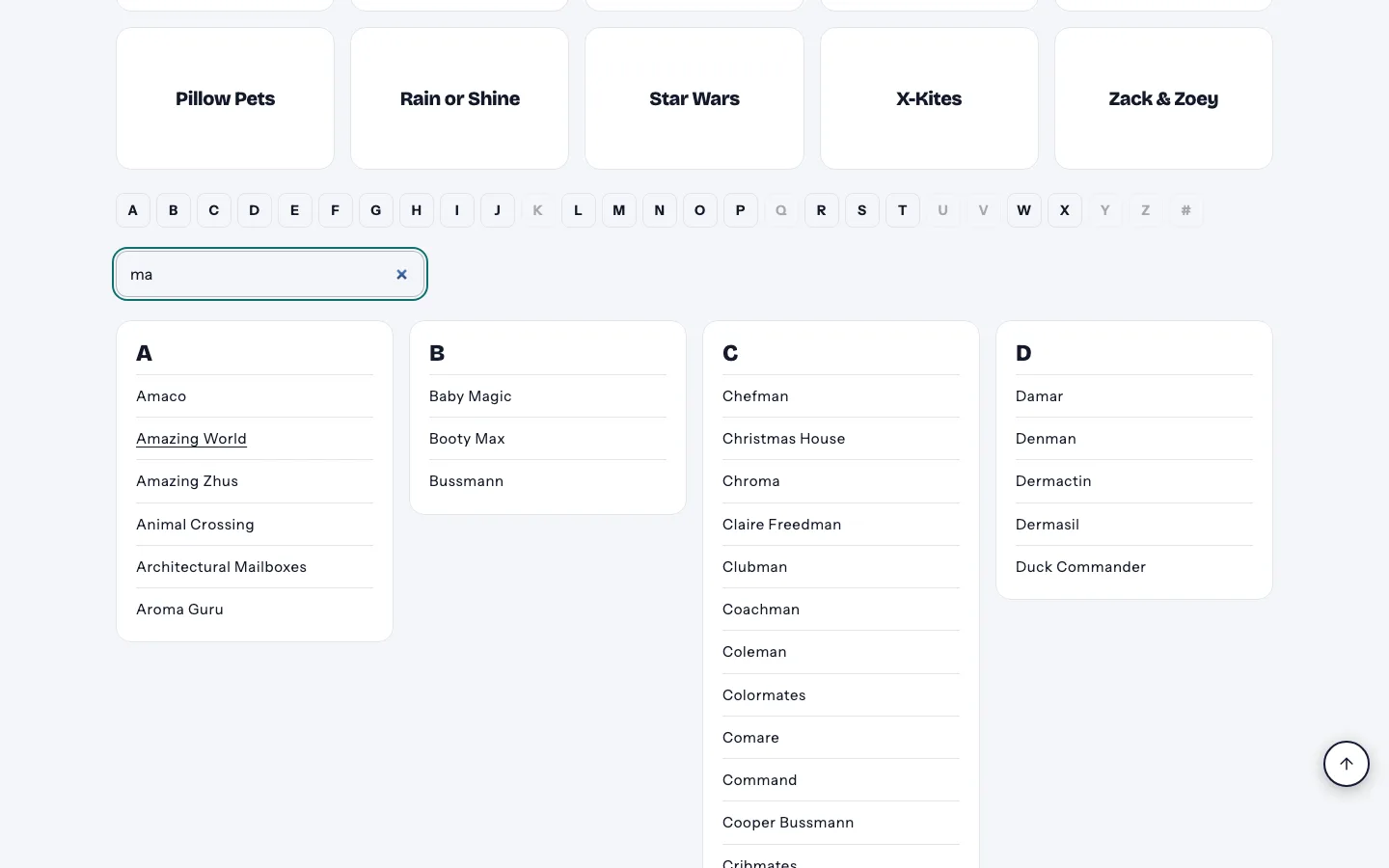 Typing “ma” into Find a brand filters the A–Z brand list instantly