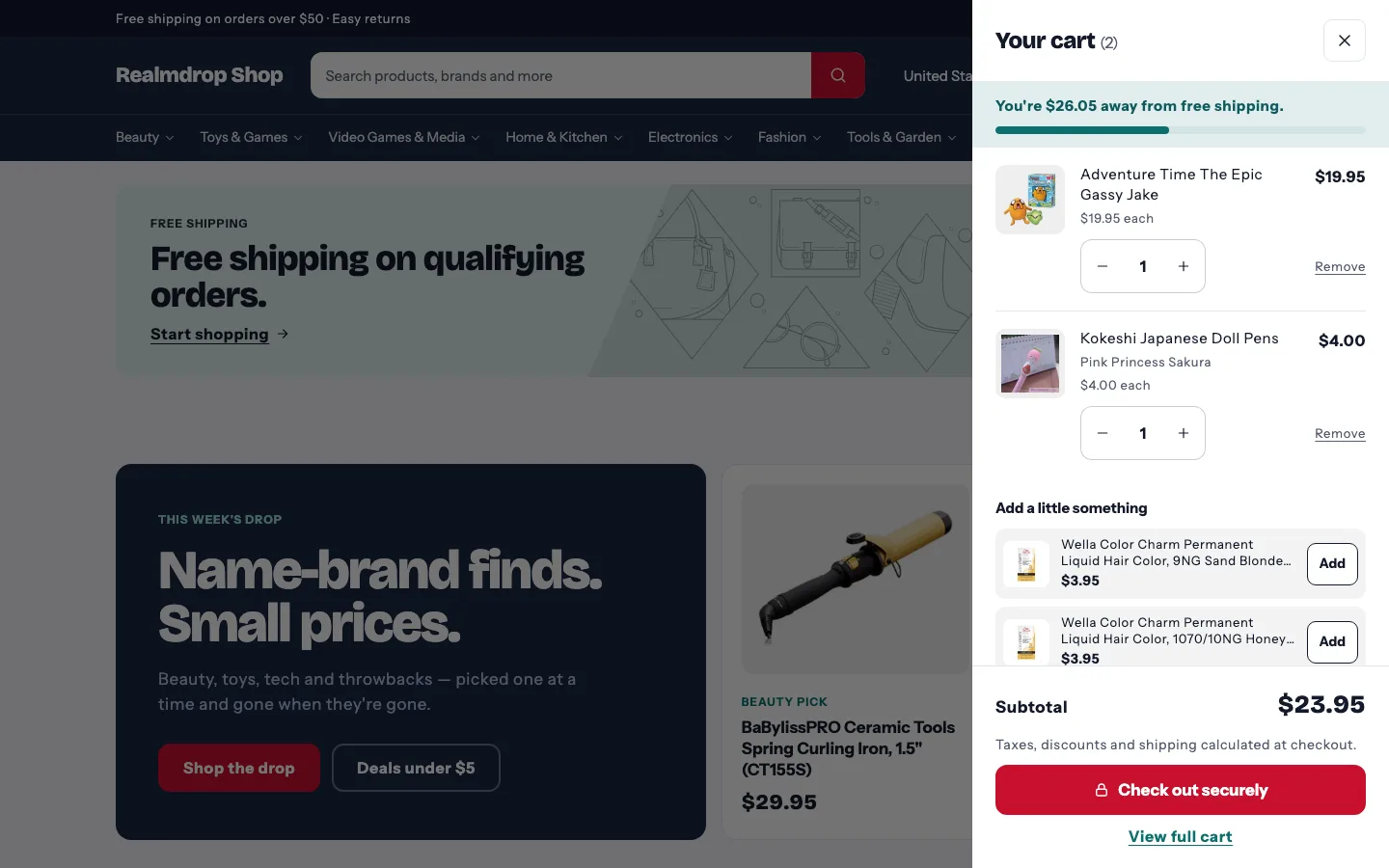 The cart drawer: “You're $26.05 away from free shipping” with a progress bar and suggested add-ons