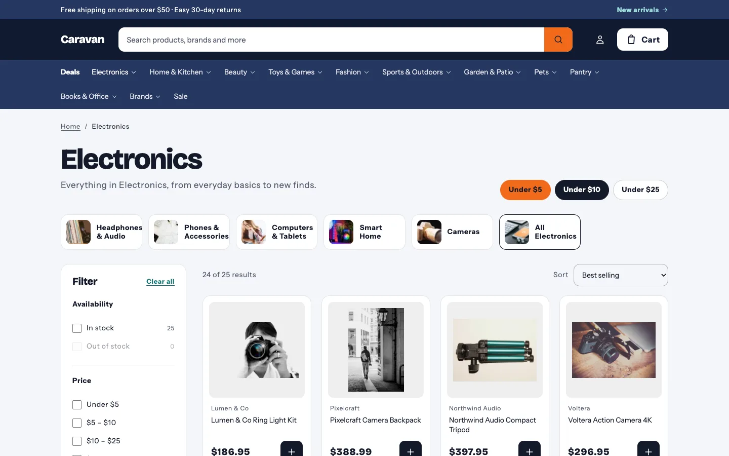 A collection with sub-category links, Under $5 / $10 / $25 pills, a filter sidebar and quick-add cards