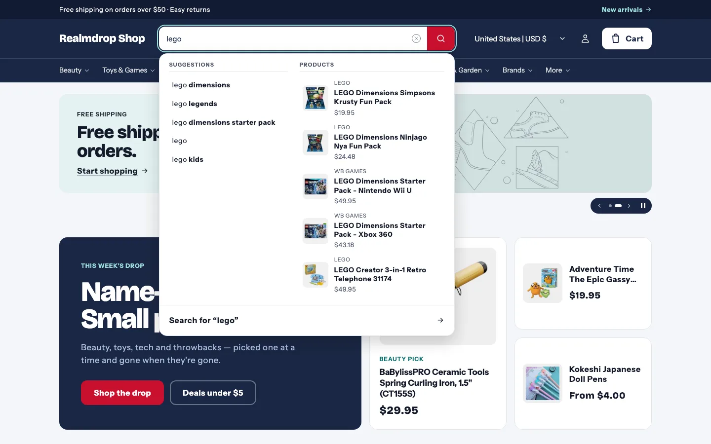 Typing “lego” shows suggested searches and matching products under the header search bar